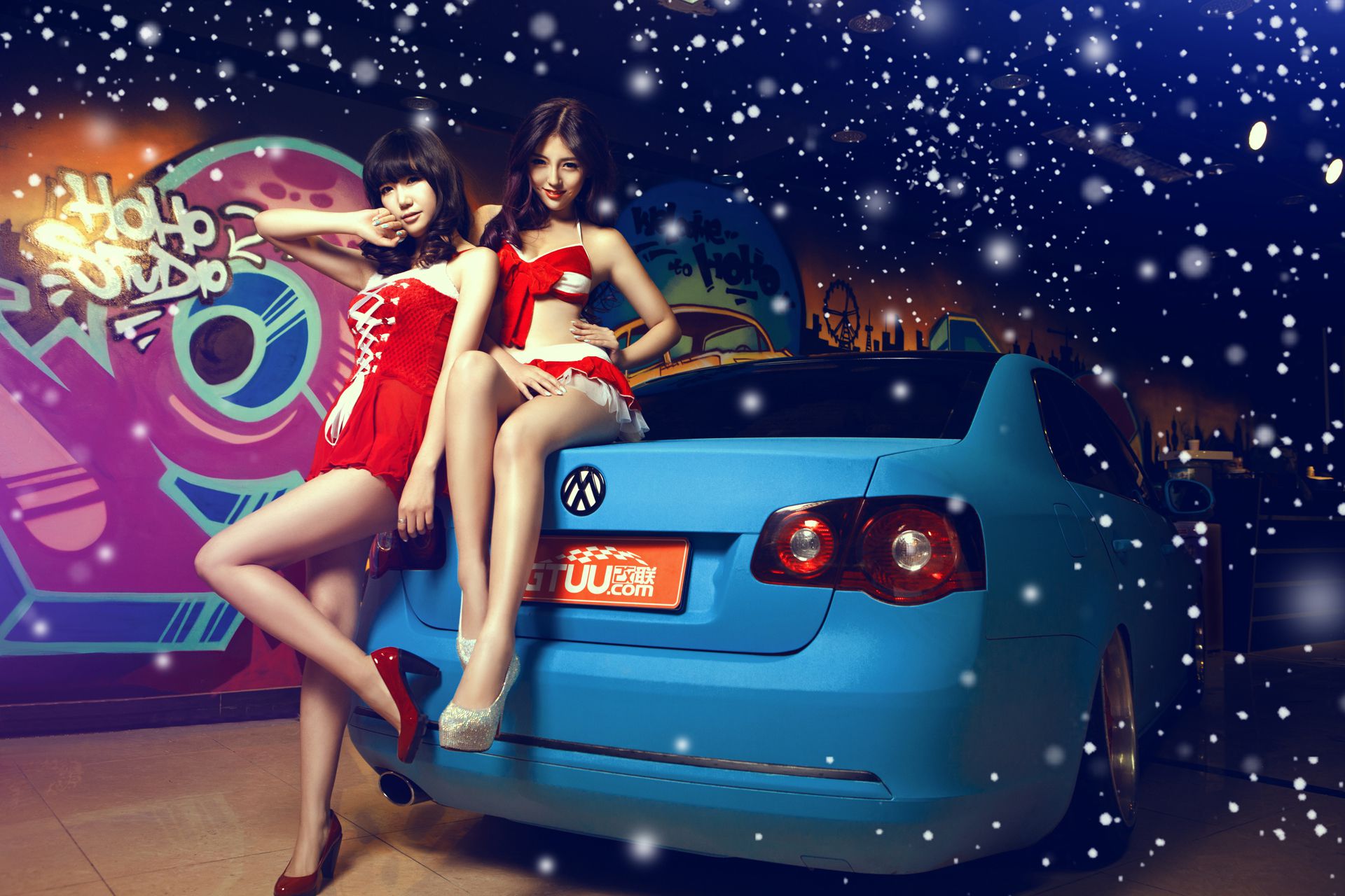 甜美可爱姐妹花 - 圣诞香车魅影图片合集-图7