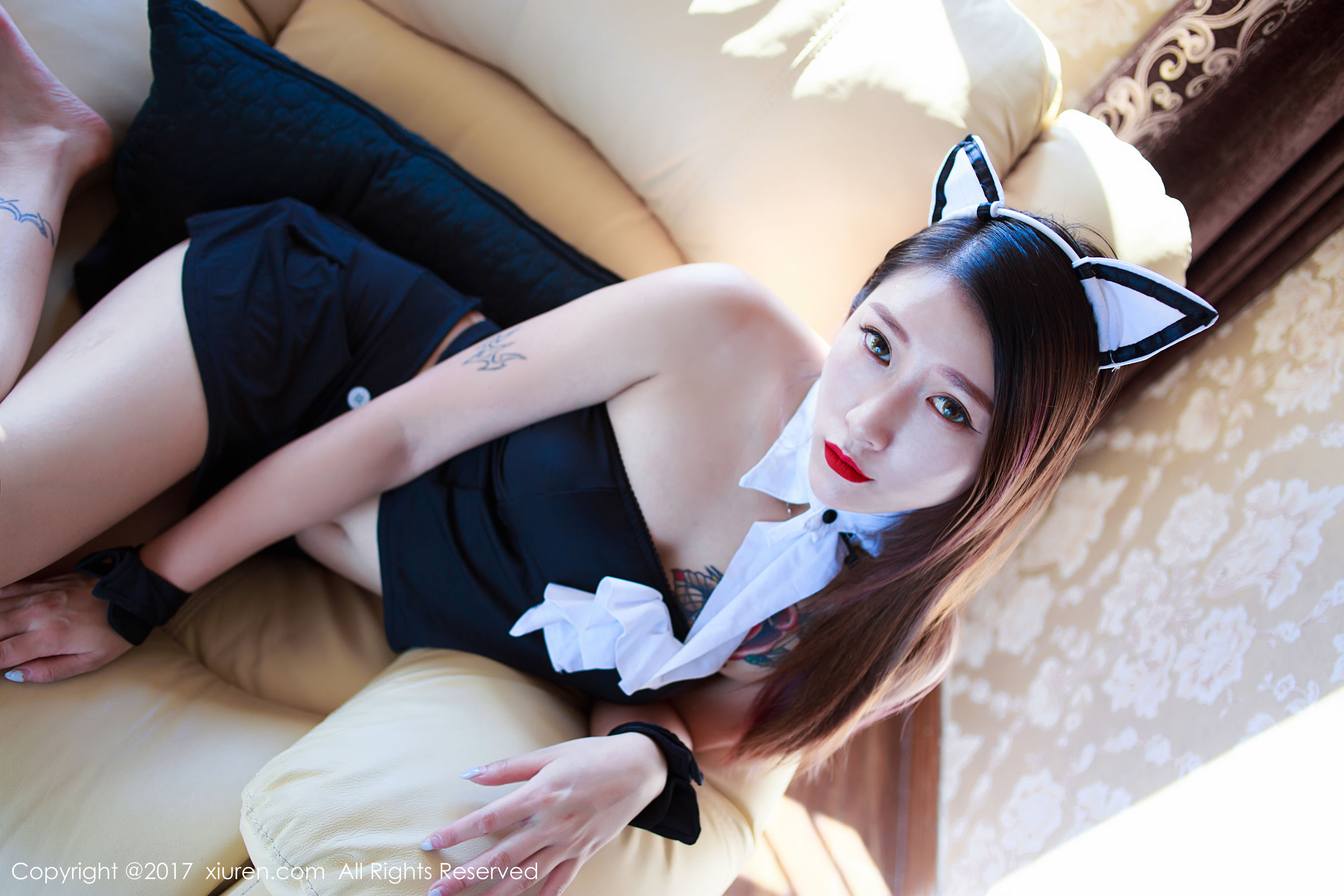 杜花花《乖巧猫耳女仆装，高开叉死库水》  NO.843-图0
