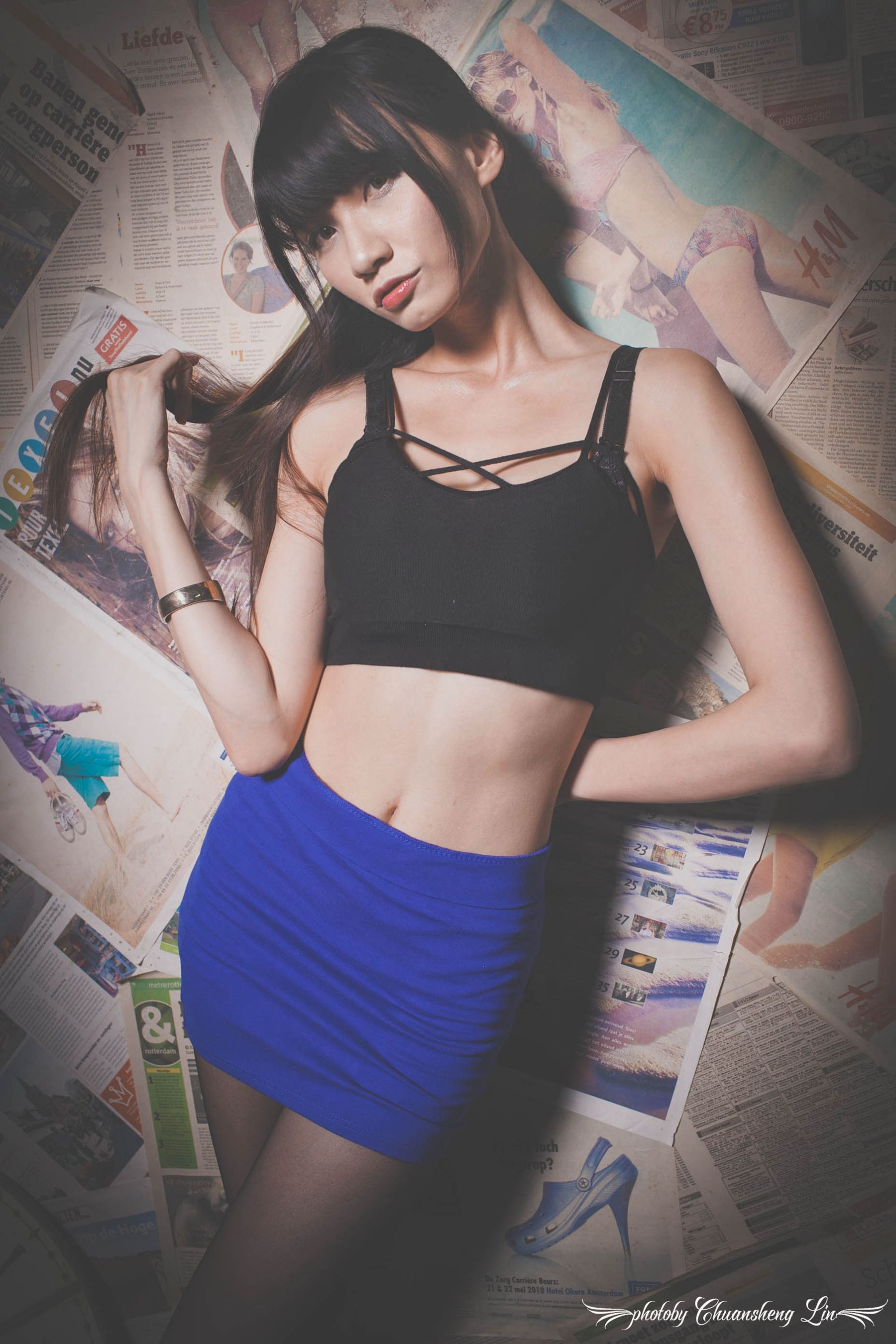 蔡译心Candice - 黑丝+蓝色包臀裙美腿写真-图2