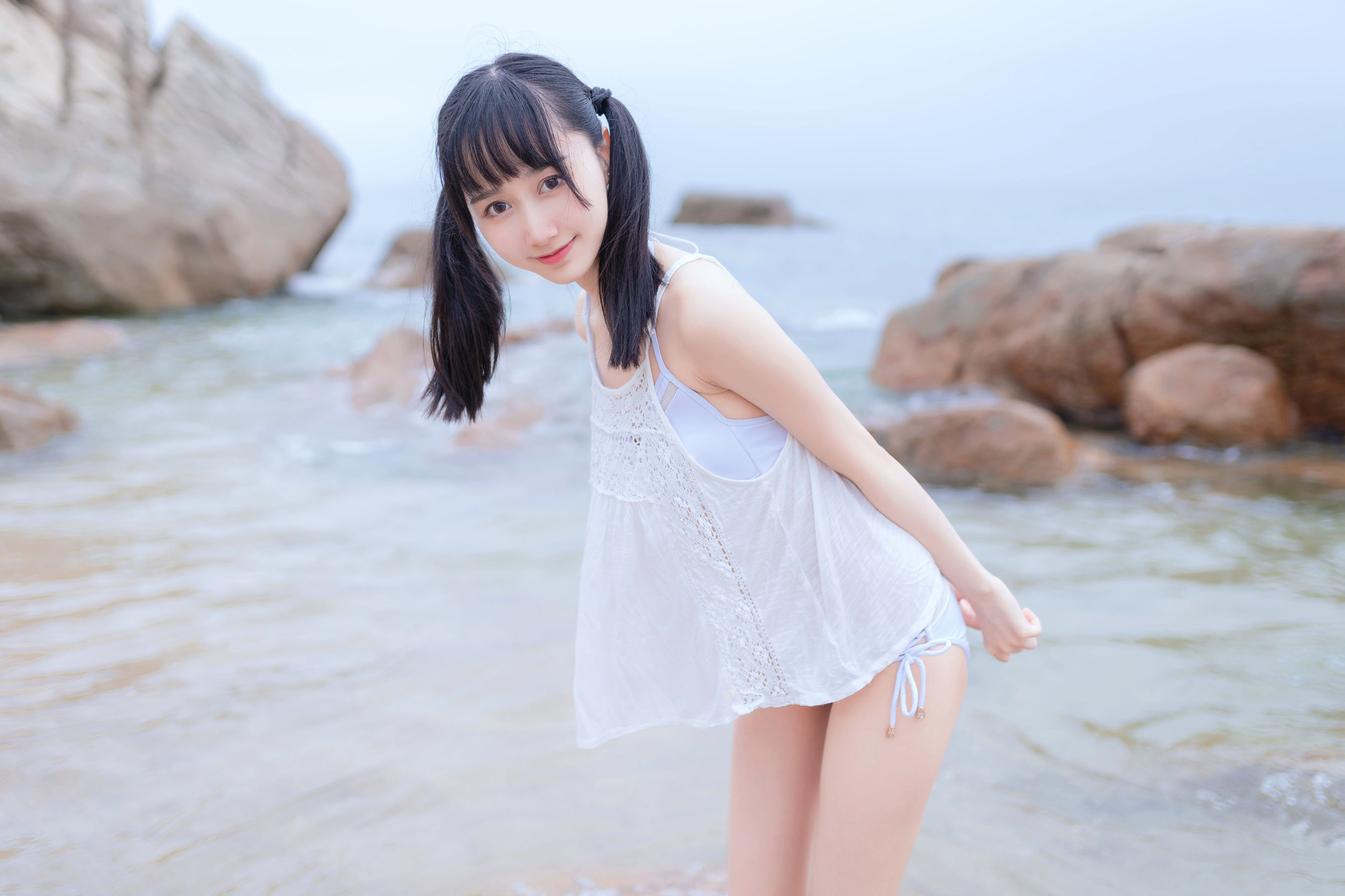 萌系小姐姐木绵绵OwO 海边白色比基尼-图14