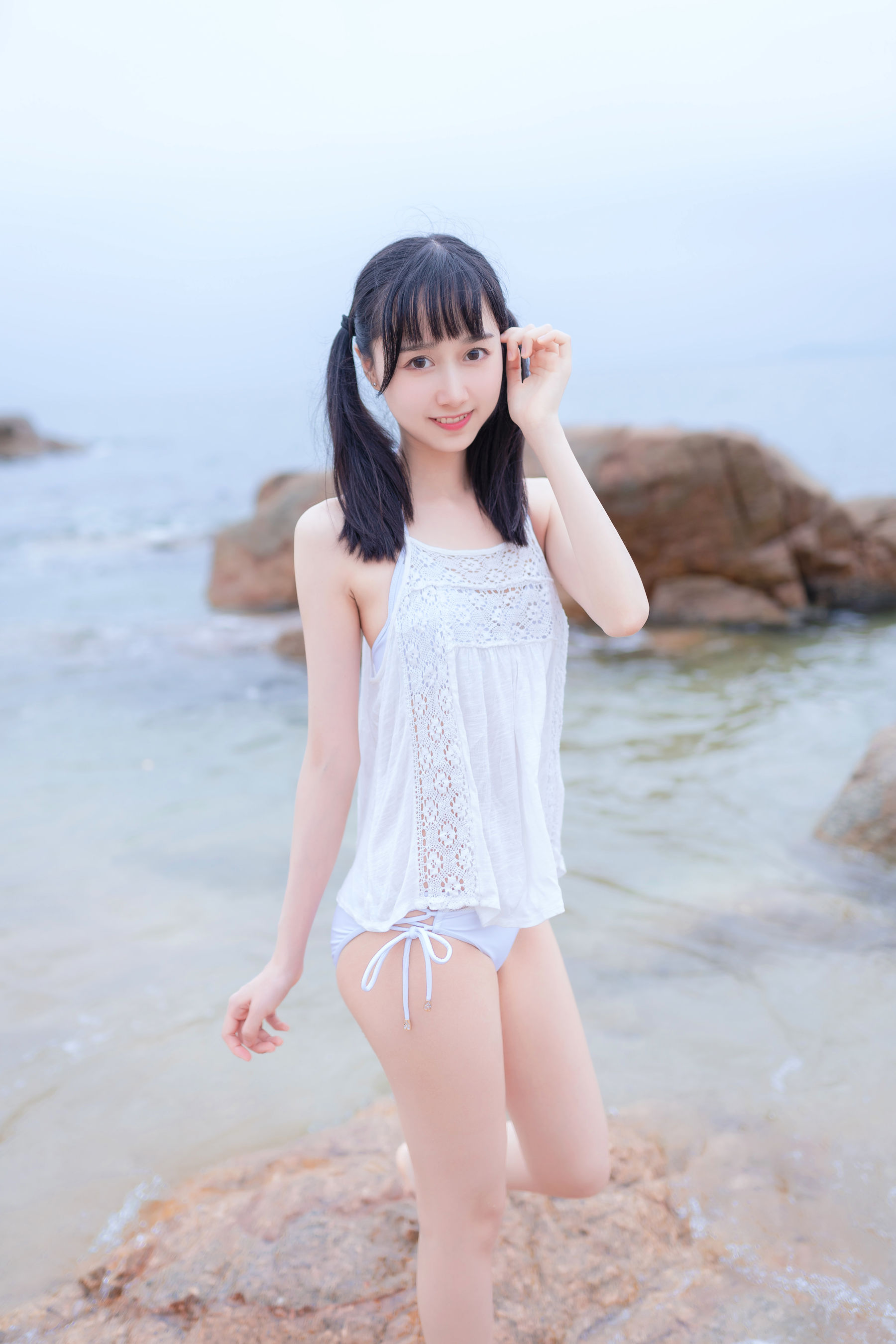 萌系小姐姐木绵绵OwO 海边白色比基尼-图15