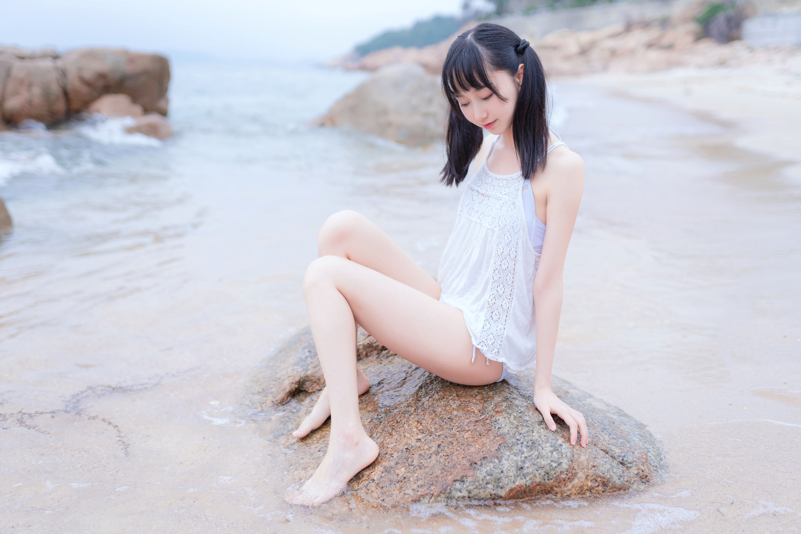 萌系小姐姐木绵绵OwO 海边白色比基尼-图18