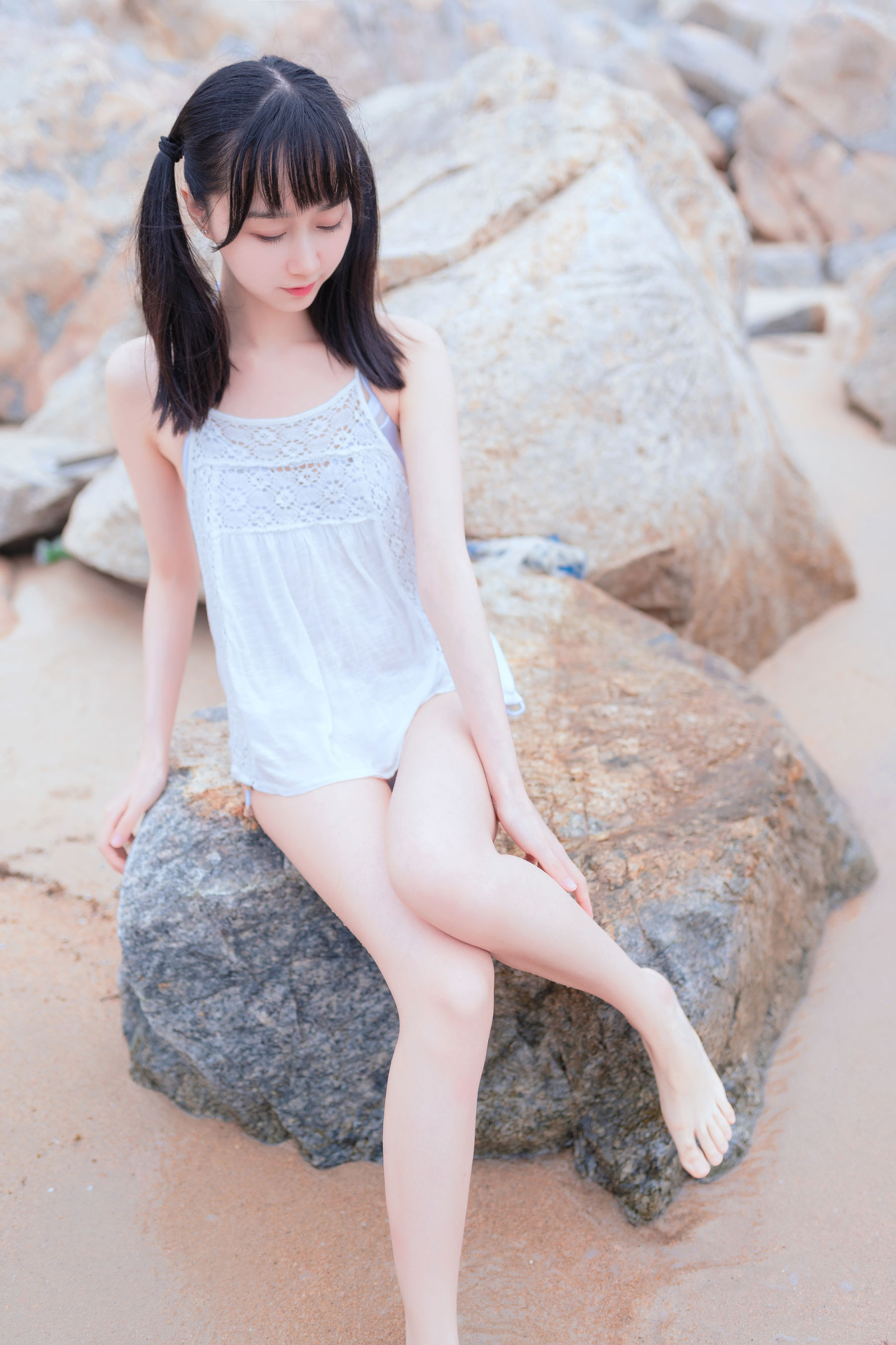 萌系小姐姐木绵绵OwO 海边白色比基尼-图19