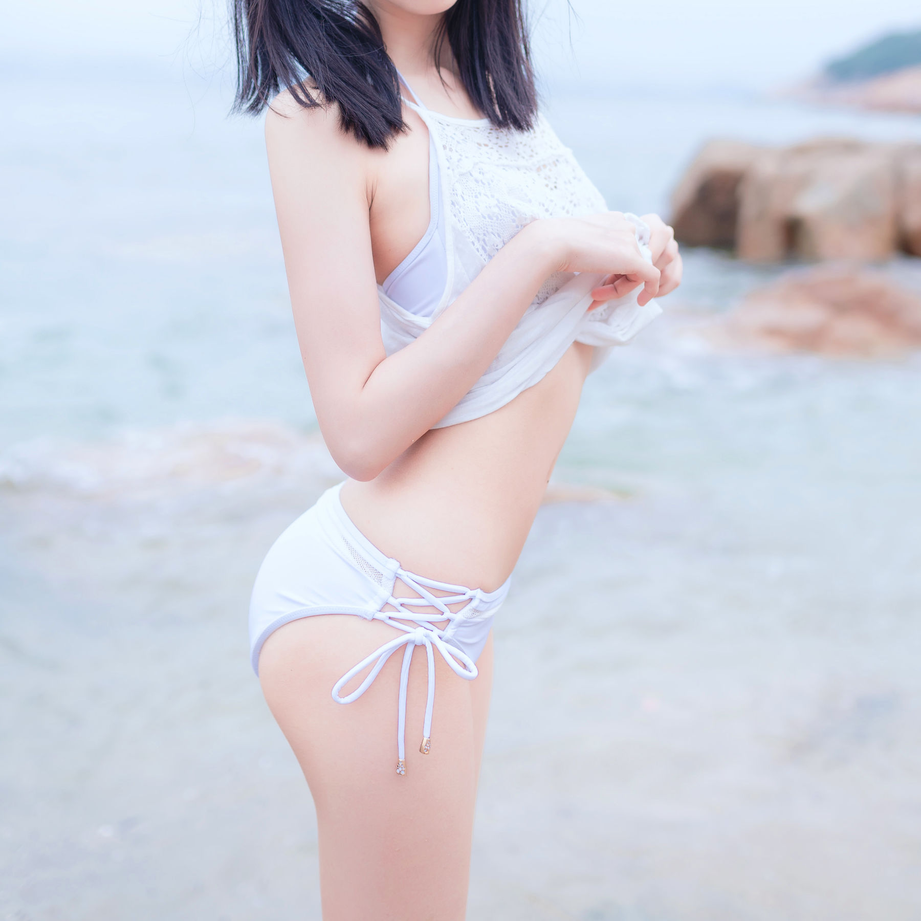 萌系小姐姐木绵绵OwO 海边白色比基尼-图24