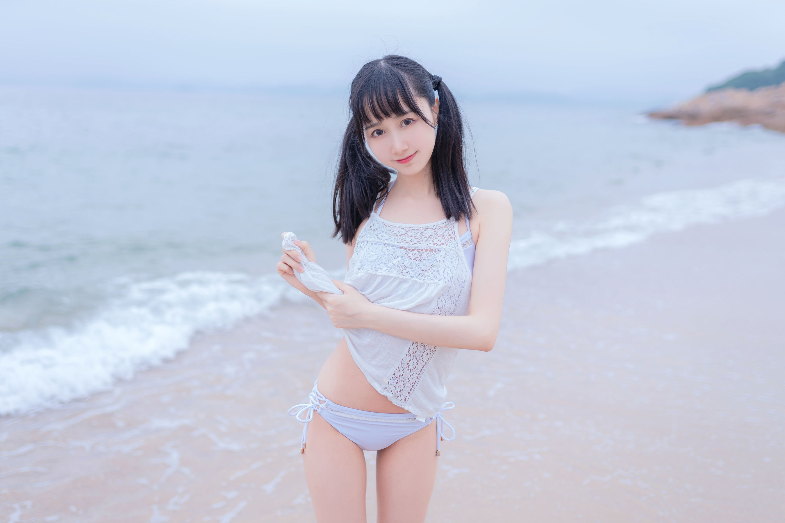 萌系小姐姐木绵绵OwO 海边白色比基尼-图5