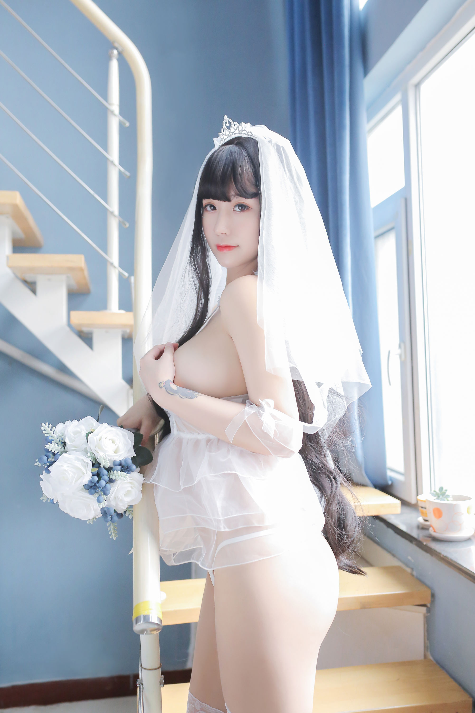 巨乳猫九酱Sakura - 长发婚纱-图39