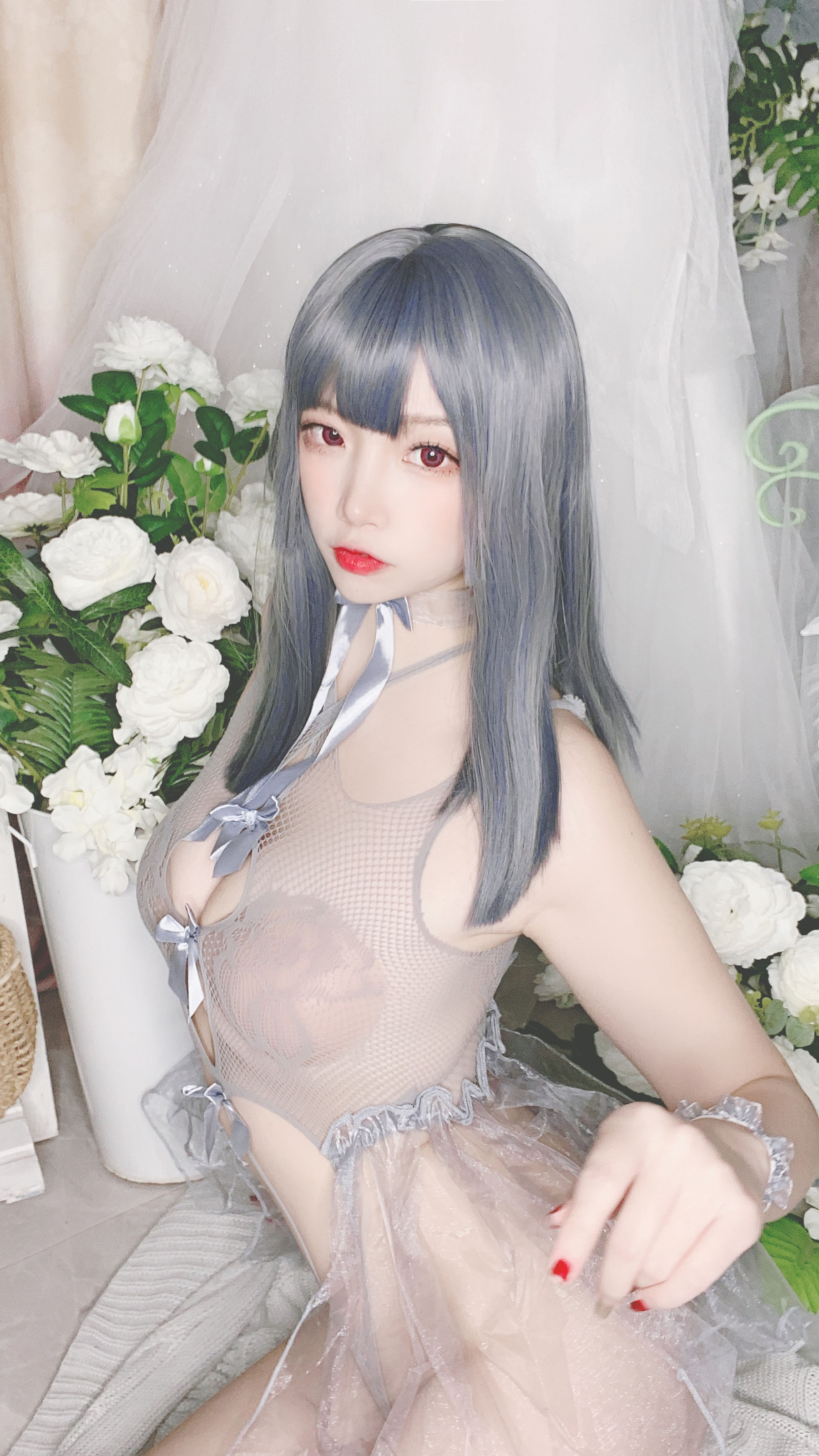 人气Coser二佐Nisa - 蓝色网状比基尼-图1